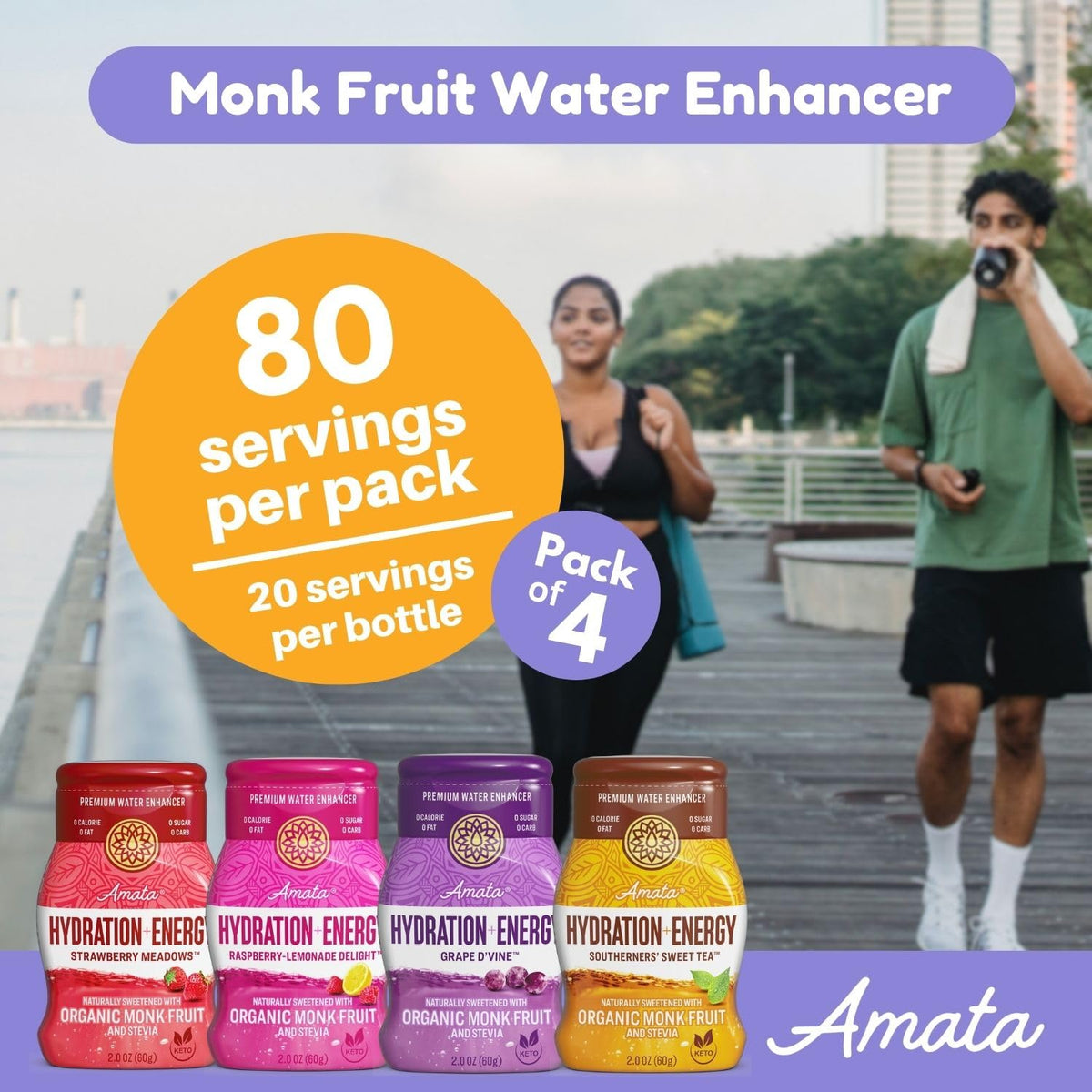 Liquid Hydration Sweetened with Organic Monk Fruit & Stevia, Zero Calories, Low Carb, No Sugar, Vegan, Classic Variety (80 Servings, Pack of 4) Y395842