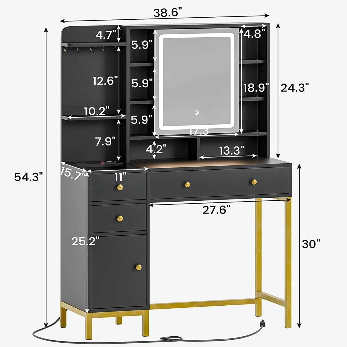 Black Makeup Desk with Lights and Charging Station N4939