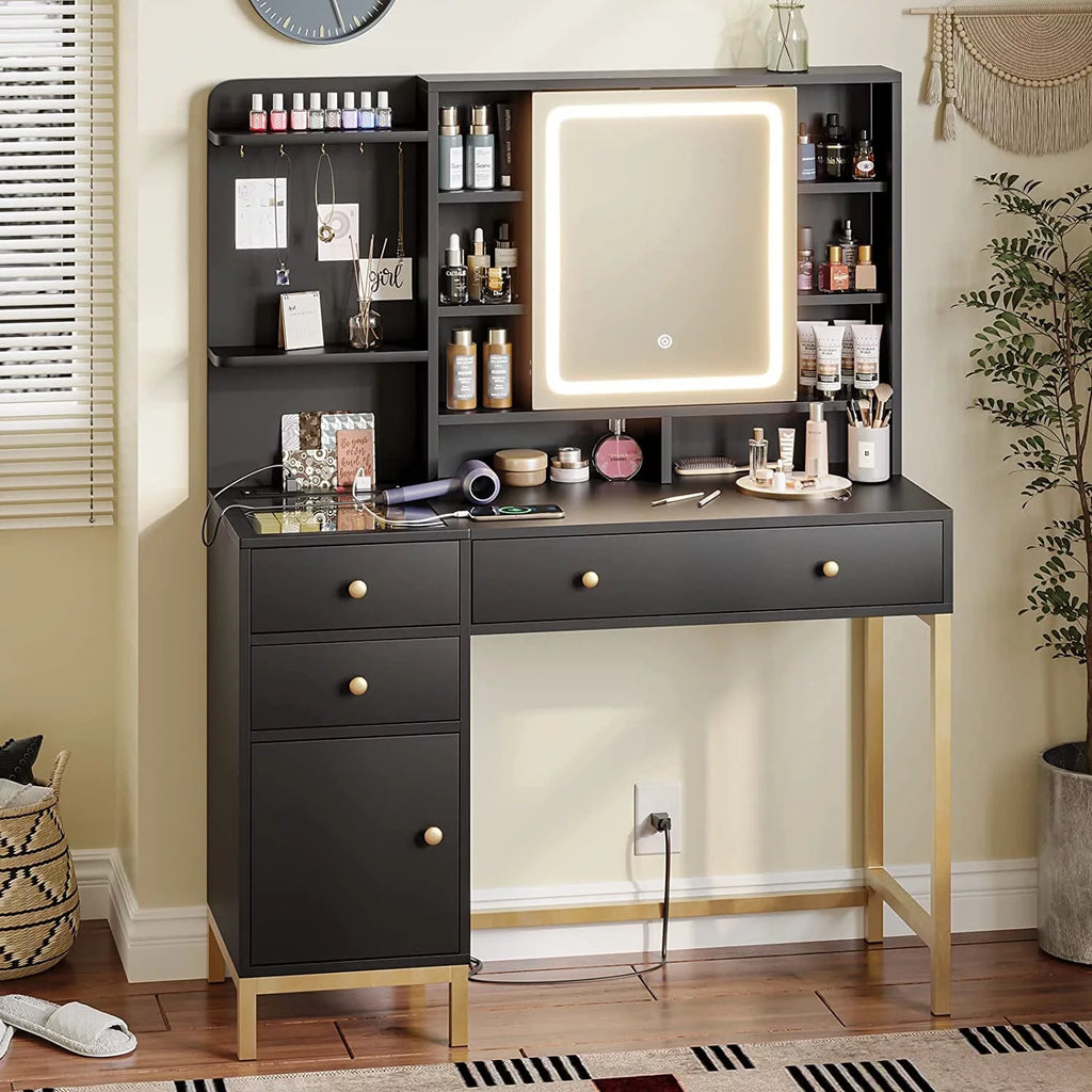 Black Makeup Desk with Lights and Charging Station N4939