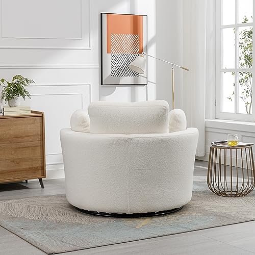Ivory Sherpa Swivel Accent Barrel Chair with 3 Pillows W6858