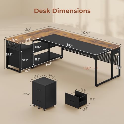 71" Reversible L Shaped Desk with File Cabinet & Power Outlets R746