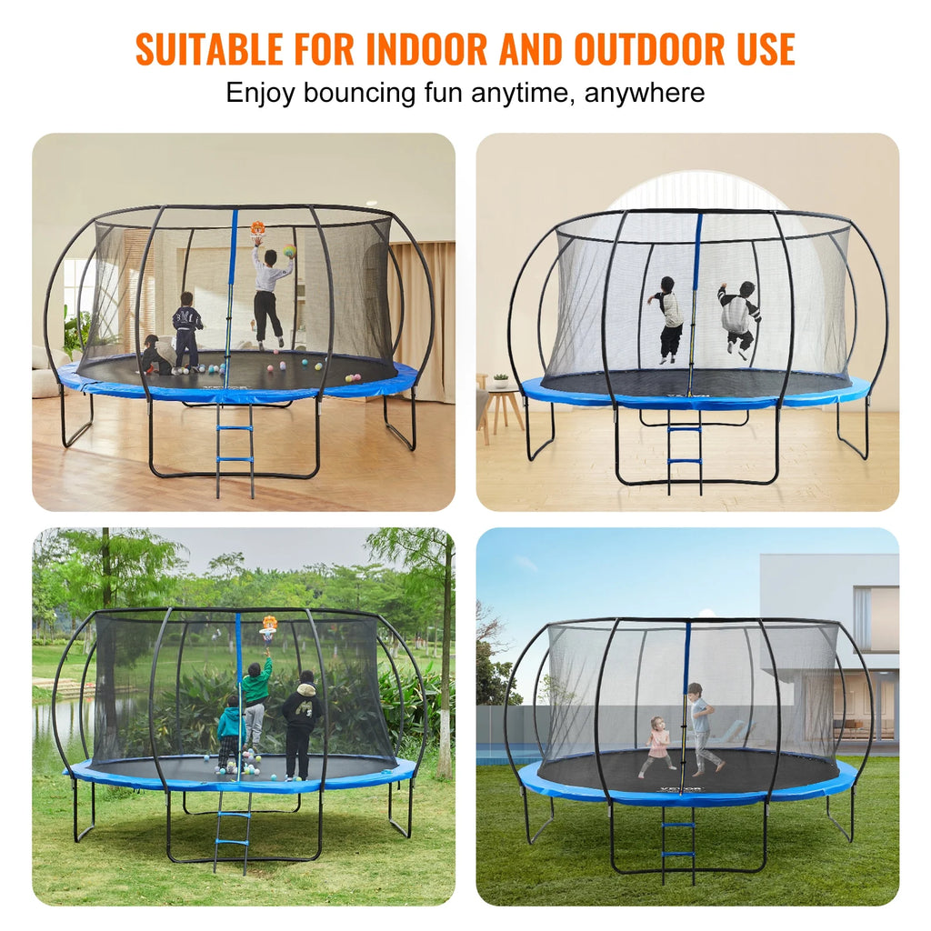 14FT Outdoor Recreational Trampoline with Safety Enclosure Basketball Net O8440