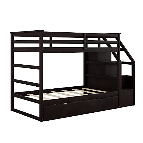 Twin-Over-Twin Wood Bunk Bed with Trundle and Storage Stairs (White) F2978