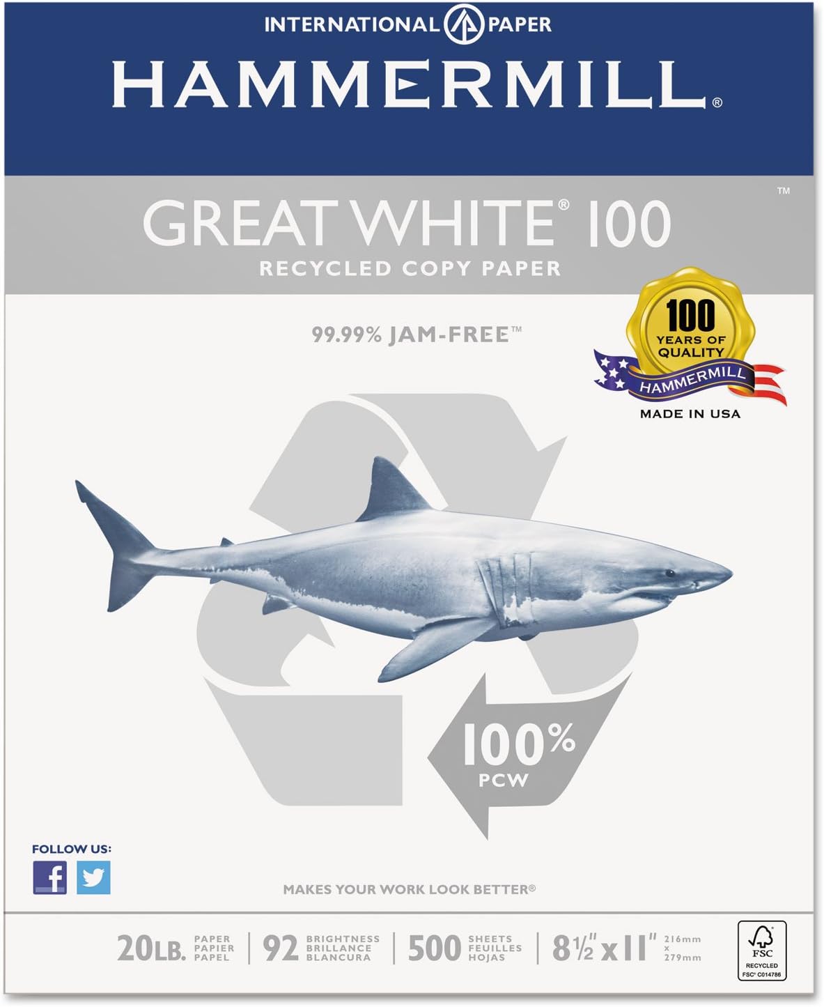 100 Recycled Copy Paper, 20Lb, 8-1/2 X 11, White, 5,000 Sheet N821871