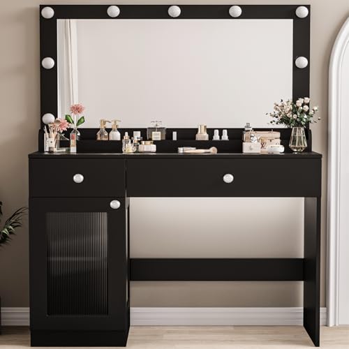 White 39.4'' Glass Top Makeup Vanity with Large Mirror and Lights U738177