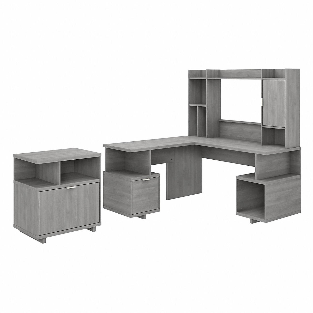 Gray L Shaped Desk with Hutch and Lateral File Cabinet U469