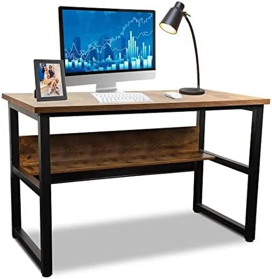 Computer Desk with Shelves 47 Inches Natural Wood Black Metal Frame H41063