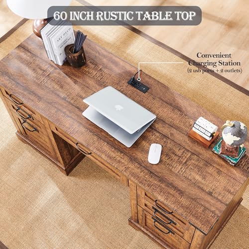 60" Farmhouse Desk with Drawers, Charging Station, Keyboard Tray, File Drawer, Storage Cabinet (Natural Oak) V289