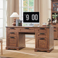 60" Farmhouse Desk with Drawers, Charging Station, Keyboard Tray, File Drawer, Storage Cabinet (Natural Oak) V289