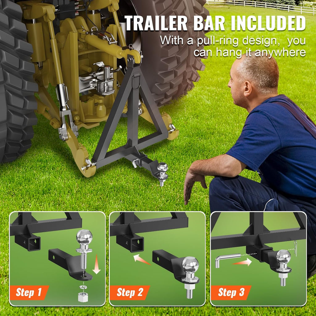 3 Point 2" Receiver Trailer Hitch Category 1 Tractor Tow Drawbar Adapter with Pins T181963