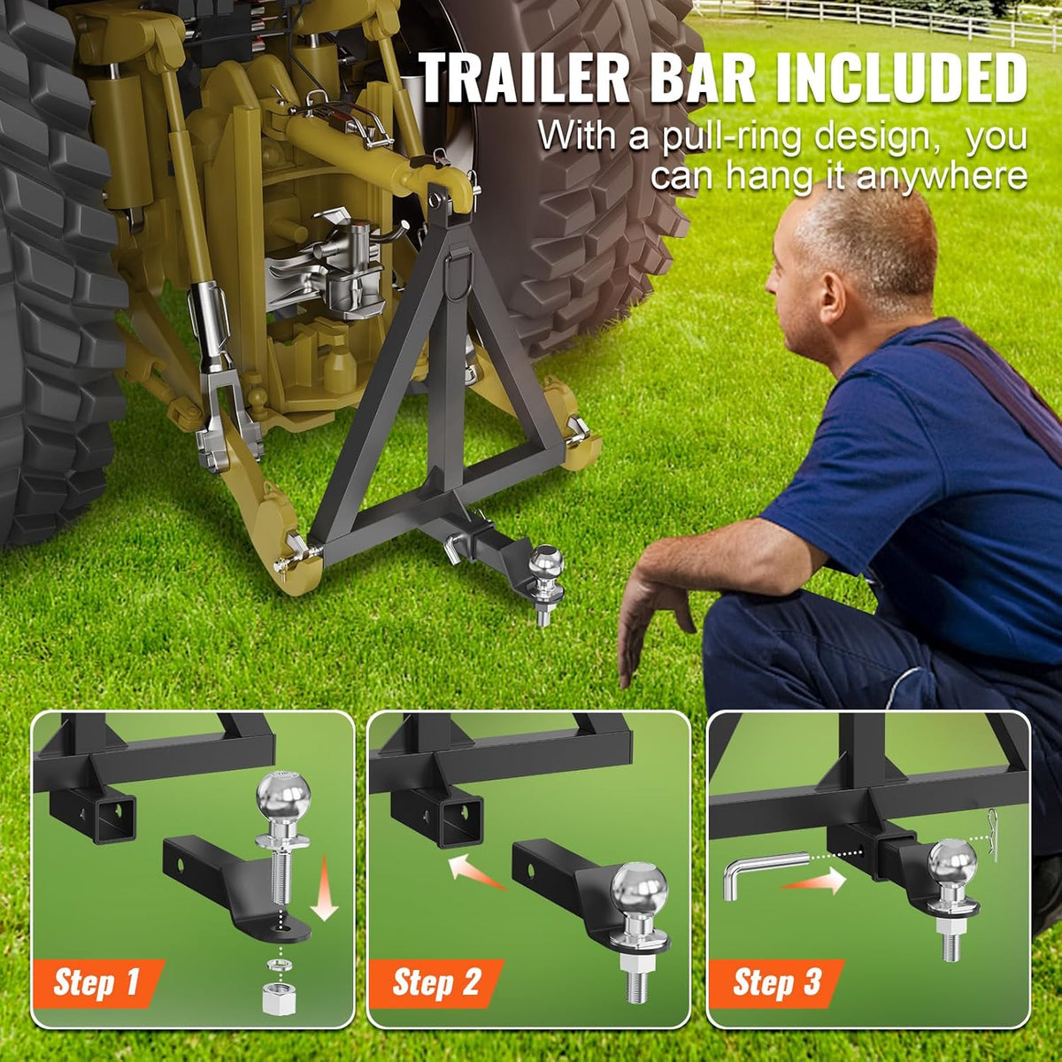 3 Point 2" Receiver Trailer Hitch Category 1 Tractor Tow Drawbar Adapter with Pins T181963