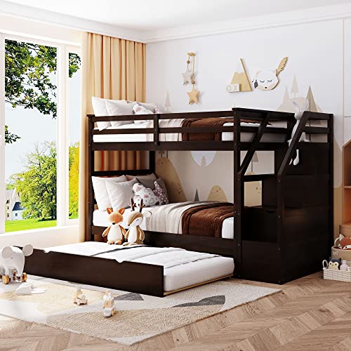 Twin-Over-Twin Wood Bunk Bed with Trundle and Storage Stairs (White) F2978