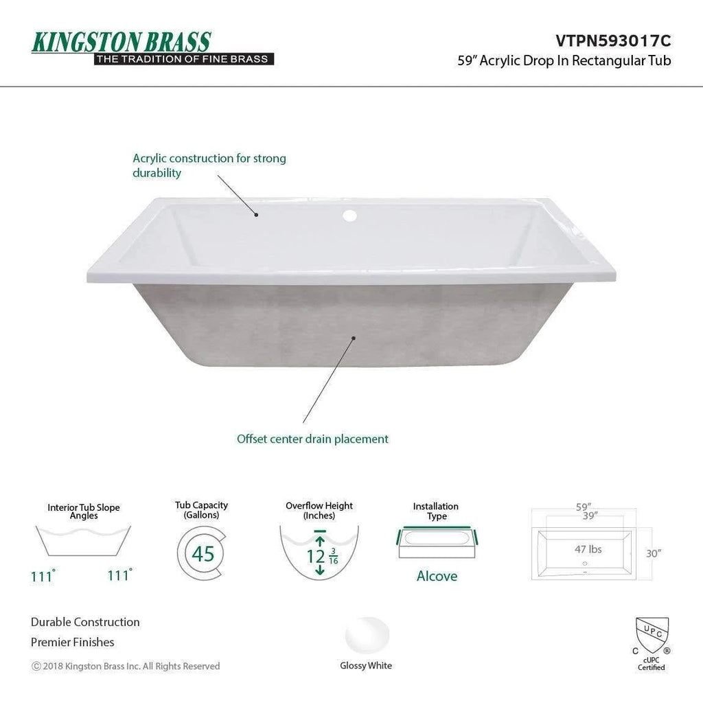 White 59x22 Drop in Acrylic Soaking Tub X5954