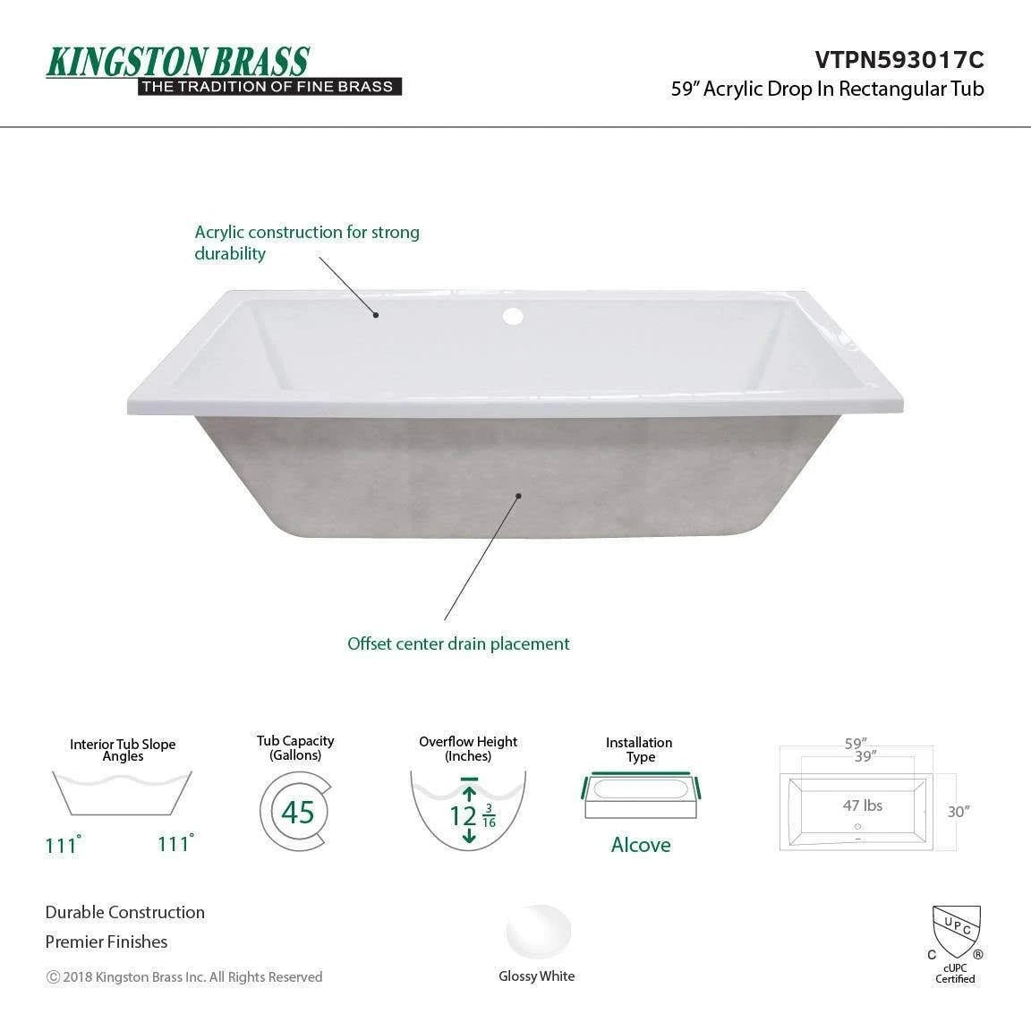 White 59x22 Drop in Acrylic Soaking Tub X5954