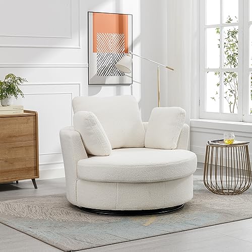 Ivory Sherpa Swivel Accent Barrel Chair with 3 Pillows W6858