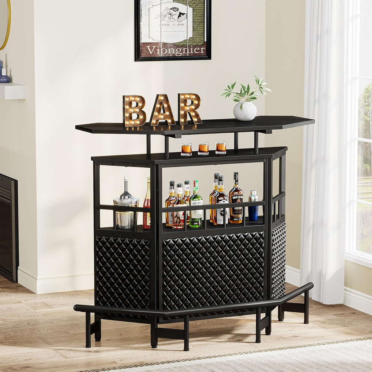 Black 4 Tier Bar Cabinet with Stemware Rack Z112
