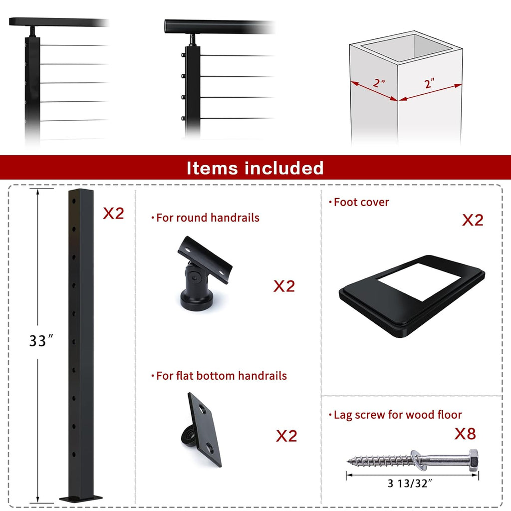 2 Pack 36x2x2 304 Stainless Steel Black Cable Railing Post F67374