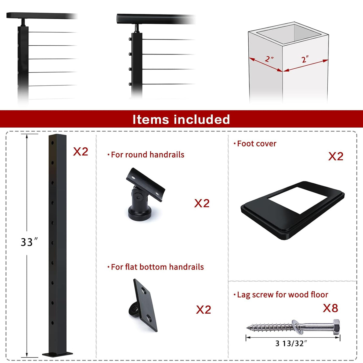 2 Pack 36x2x2 304 Stainless Steel Black Cable Railing Post F67374