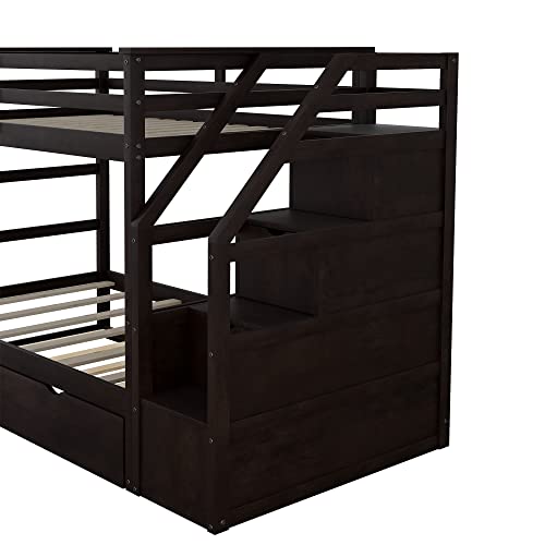 Twin-Over-Twin Wood Bunk Bed with Trundle and Storage Stairs (White) F2978