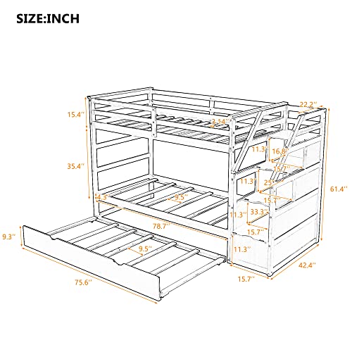 Twin-Over-Twin Wood Bunk Bed with Trundle and Storage Stairs (White) F2978