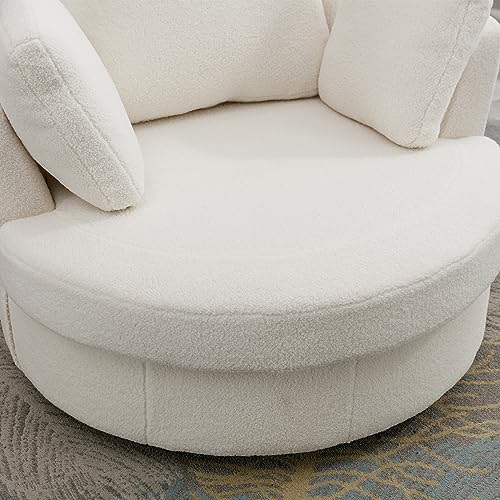 Ivory Sherpa Swivel Accent Barrel Chair with 3 Pillows W6858