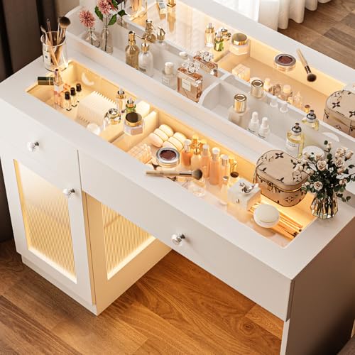 White 39.4'' Glass Top Makeup Vanity with Large Mirror and Lights U738177