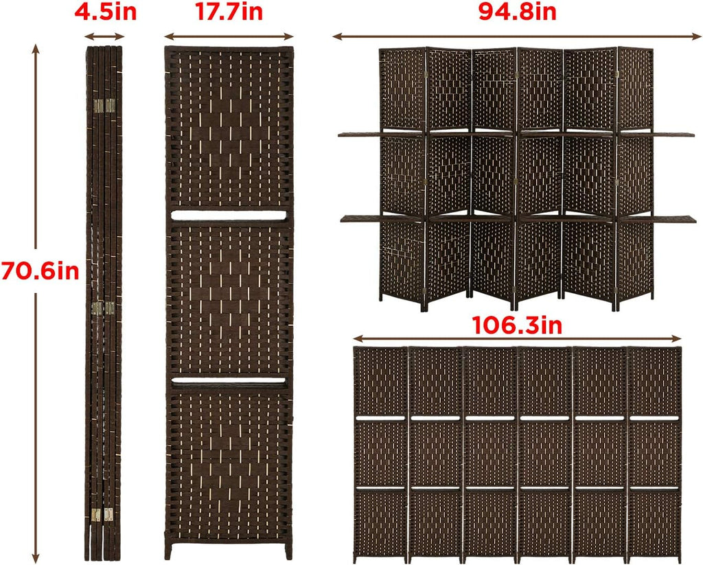 Brown 6 Panel Wooden Folding Room Divider with Shelves V29210