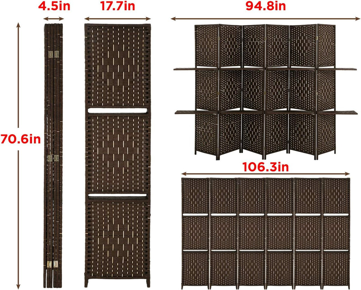 Brown 6 Panel Wooden Folding Room Divider with Shelves V29210
