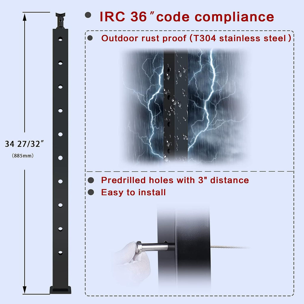 2 Pack 36x2x2 304 Stainless Steel Black Cable Railing Post F67374