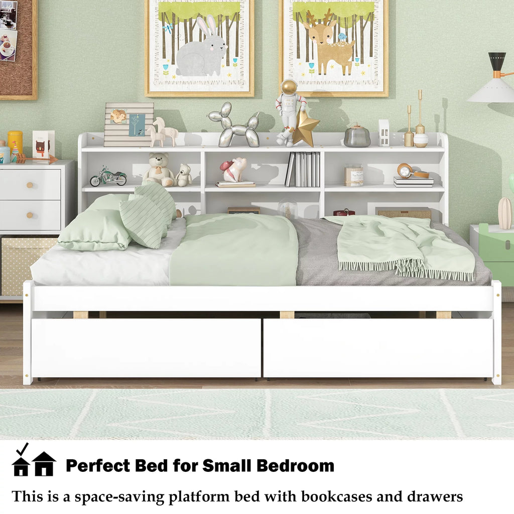 Full Size Platform Bed with Bookcases and Drawers Gray S84246