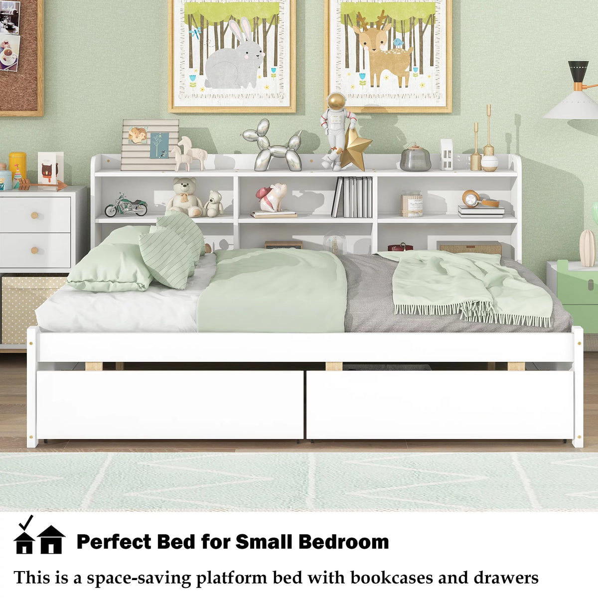 Full Size Platform Bed with Bookcases and Drawers Gray S84246