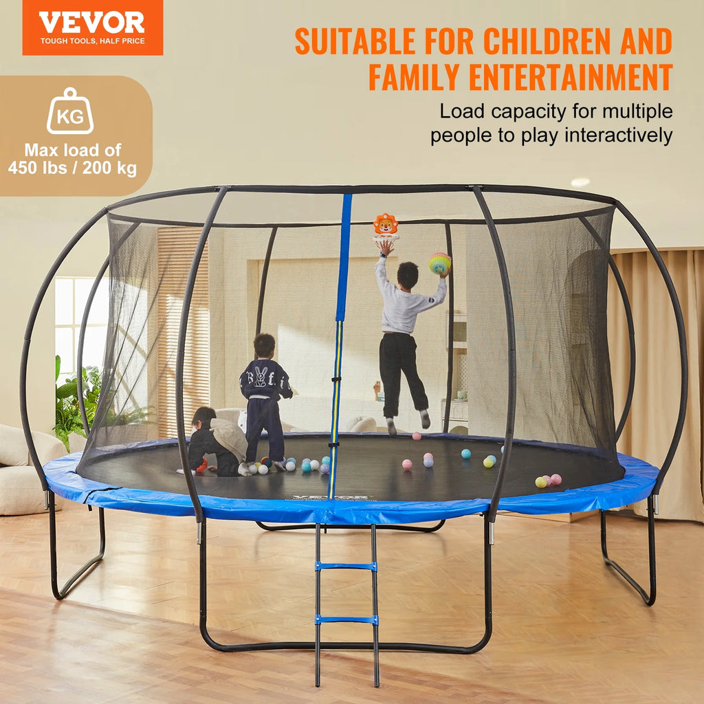 14FT Outdoor Recreational Trampoline with Safety Enclosure Basketball Net O8440