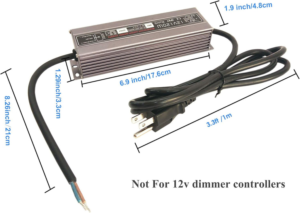 200W Waterproof Power Supply Transformer, 110-130V AC to 12V DC Output 16.7A Adapter with 3 Feet Cable N4881