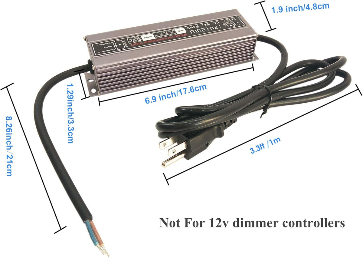 200W Waterproof Power Supply Transformer, 110-130V AC to 12V DC Output 16.7A Adapter with 3 Feet Cable N4881