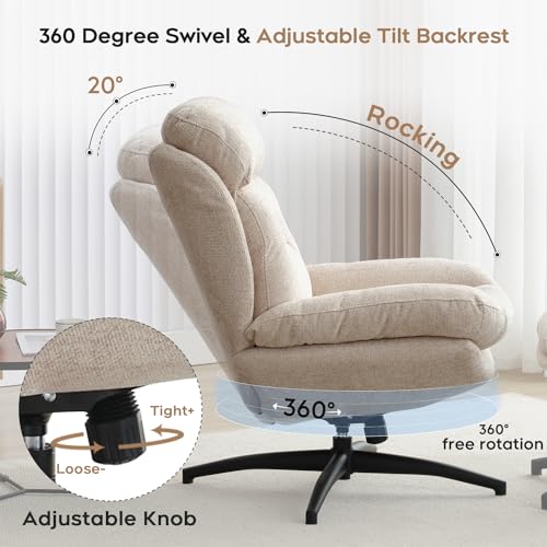 Beige Chenille Swivel Accent Chair with Ottoman Q731