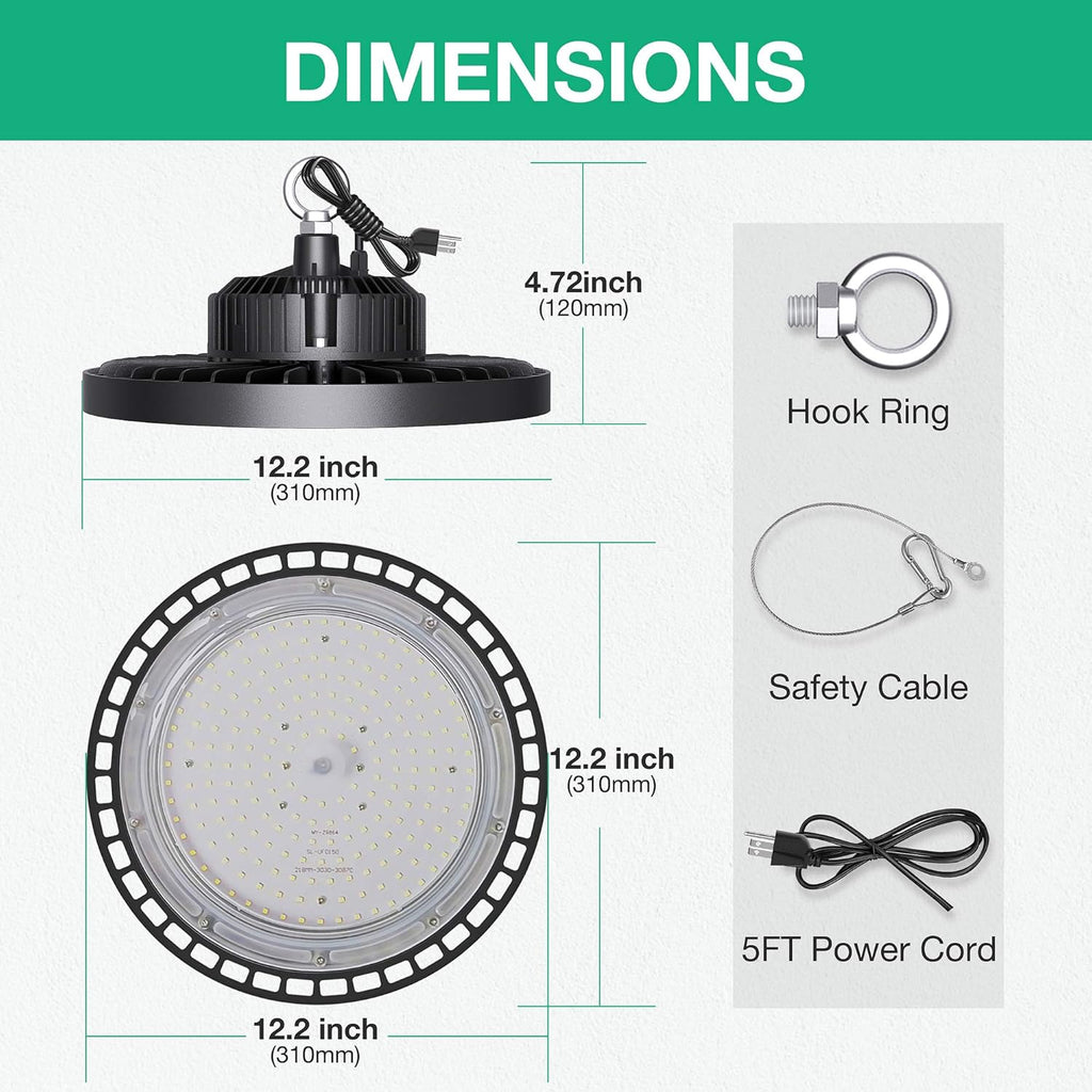 2 Pcs UFO LED High Bay Light, 150W, 21000 LM, 5000K Daylight, IP65 Waterproof, Non-Dim, 5ft Cable with US Plug H47598
