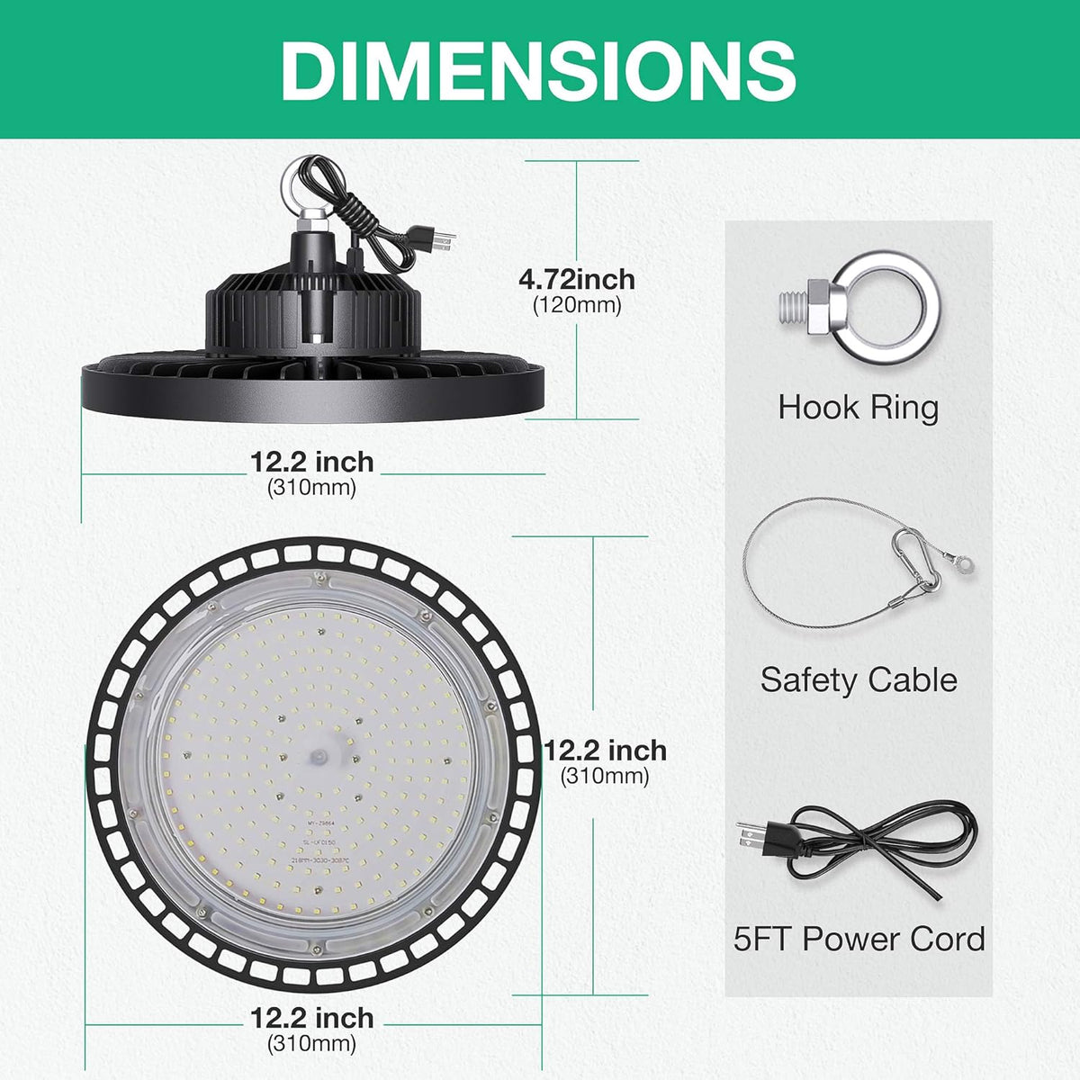 2 Pcs UFO LED High Bay Light, 150W, 21000 LM, 5000K Daylight, IP65 Waterproof, Non-Dim, 5ft Cable with US Plug H47598