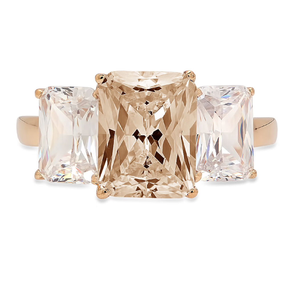 Emerald Cut Brown Champagne Simulated Diamond 18k Yellow Gold 3 Stone Ring Size 3.5 D35930