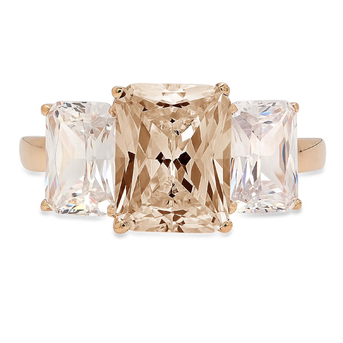 Emerald Cut Brown Champagne Simulated Diamond 18k Yellow Gold 3 Stone Ring Size 3.5 D35930