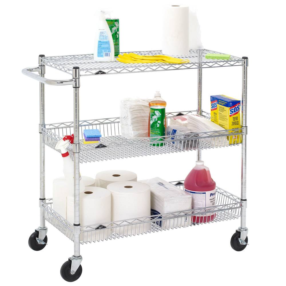 Chrome Three Shelf Utility Basket Cart with Casters L96467