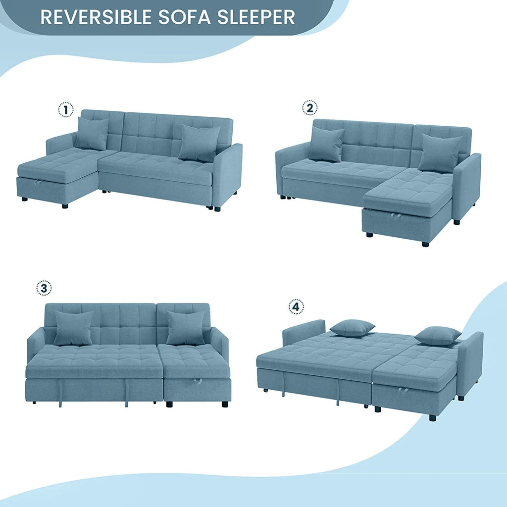 Reversible Sleeper Sectional Sofa with Storage Chaise Light Grey T9893