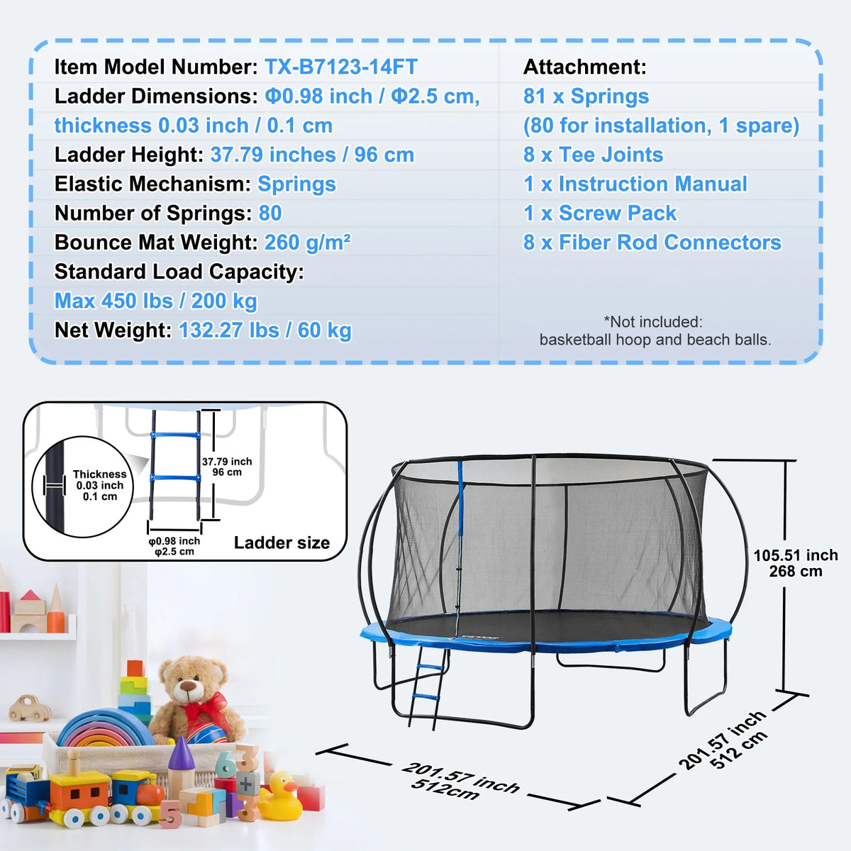 14FT Outdoor Recreational Trampoline with Safety Enclosure Basketball Net O8440