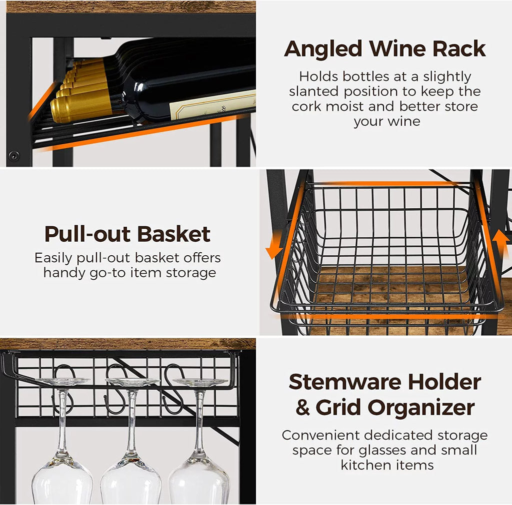 Wooden Kitchen Bakers Rack with Wine Rack and 12 Hooks I27315