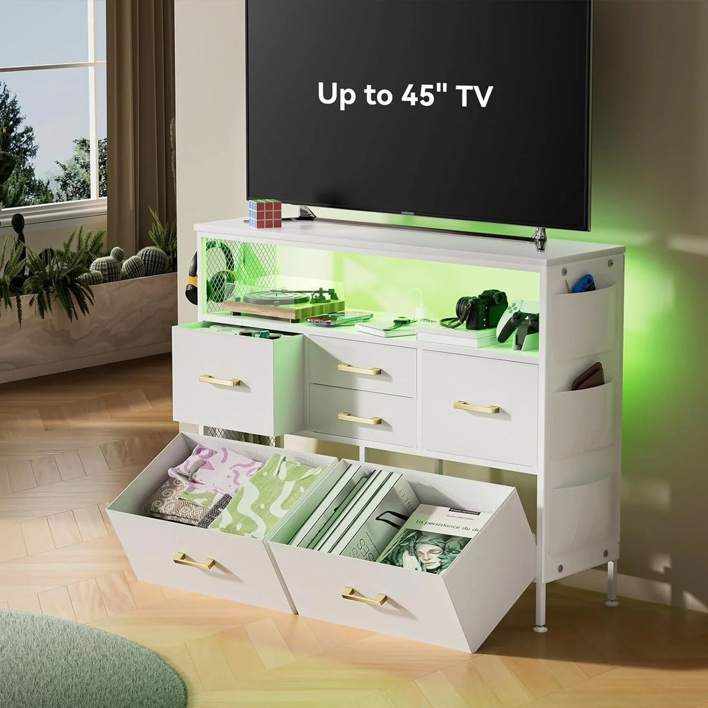 White 6 Drawers Dresser TV Stand with Power Outlets G7550