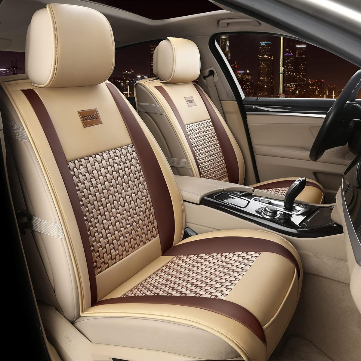 Khaki Black Leather Car Seat Cover Full Set Universal for 5 Seats O67624
