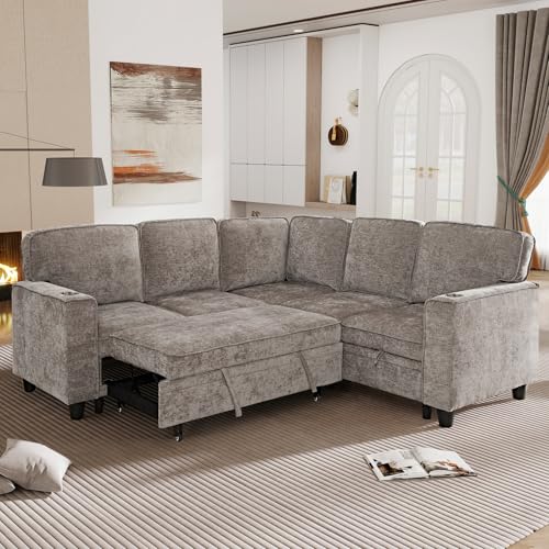86 INCH L Shaped Convertible Sleeper Sectional Sofa Pull-Out Couch Bed I795742