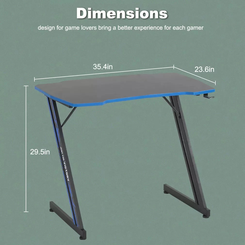 Blue Z Shaped Gaming Desk with Headphone Hook H78962