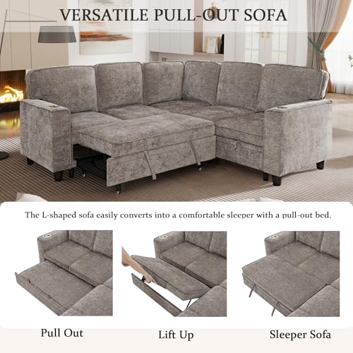 86 INCH L Shaped Convertible Sleeper Sectional Sofa Pull-Out Couch Bed I795742