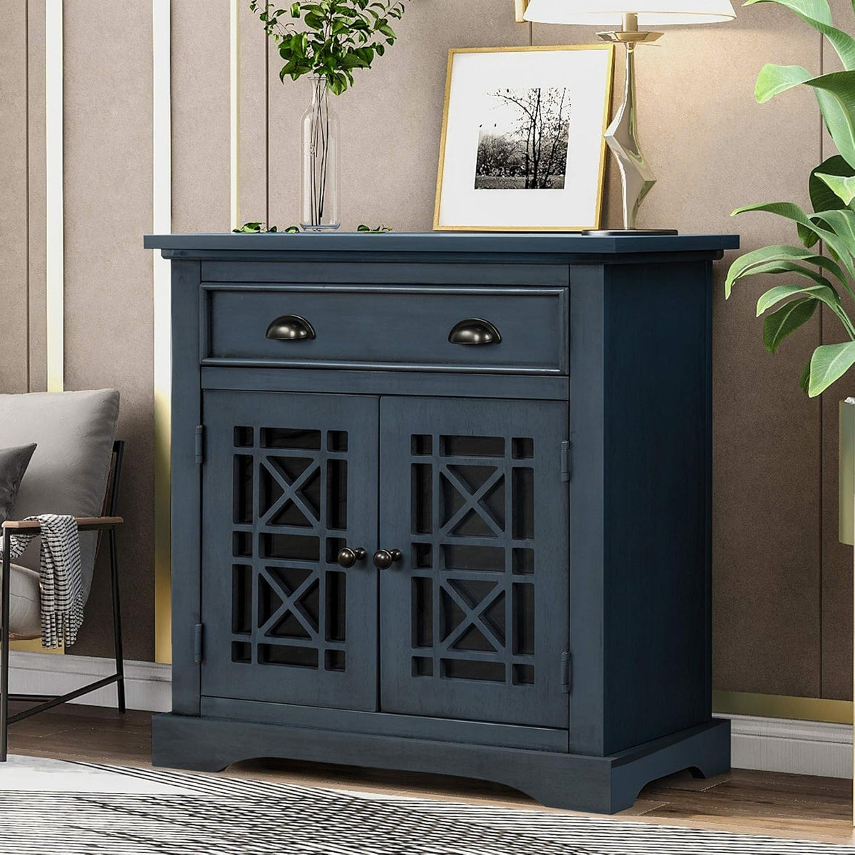 Espresso Storage Cabinet with Doors and Wood Drawer F49336