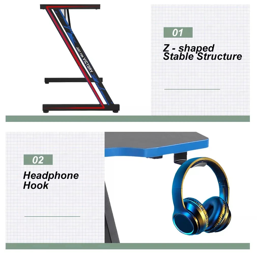 Blue Z Shaped Gaming Desk with Headphone Hook H78962